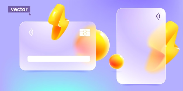 Vector glassmorphism credit card with lightning icon and sphere transparent plastic with blur effect