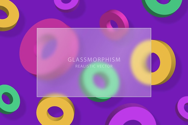 Vector glassmorphism effect with transparent glass plate on background with moving multicolored 3d rings