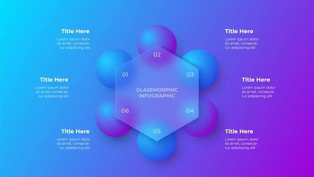 Glassmorphism hexagon infographic concept with 3d geometric shapes Frosted glass effect Illustration on blurred gradient vector background