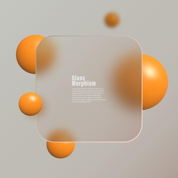 Glassmorphism landing page with square frame Vector illustration with blurry floating spheres in orange color