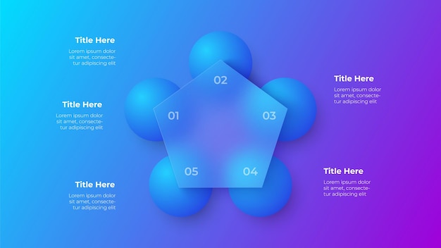 3d 기하학적 모양을 가진 Glassmorphism 오각형 infographic 개념 흐릿한 그라데이션 벡터 배경에 서리로 덥은 유리 효과 그림