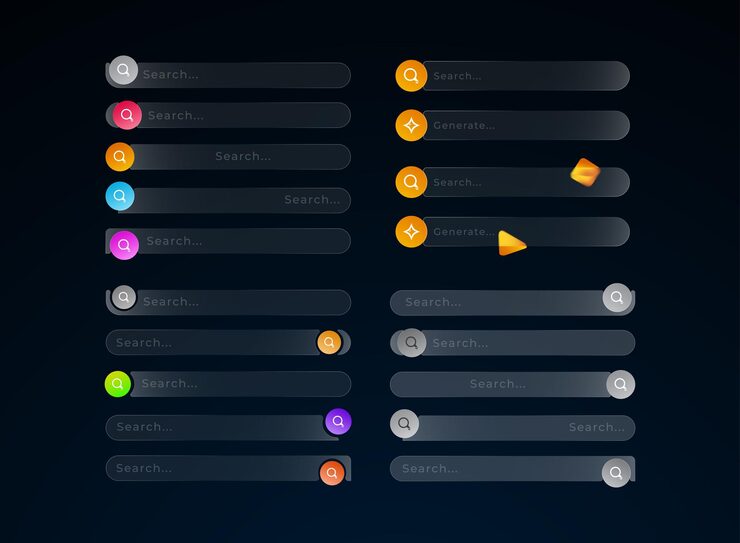 Vector グラスモルフィズム - 現代的なウェブまたはアプリのインターフェースデザインのための輝くカラフルなボタンと透明なフィールドでバー ui エレメントを検索し,生成します