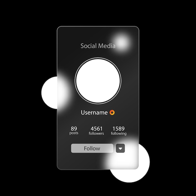 Glassmorphism style. Social media preview profile information. Follow button. Realistic glass morphism effect with set of transparent glass plates.