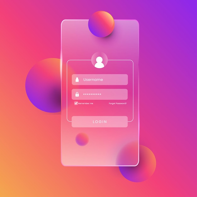 Vector glassmorphism user inferface for app login template