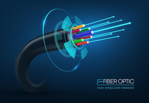 Glasvezelkabel, 3D-vector flexibele strook van glas of plastic die gegevens via lichtsignalen verzendt en snelle en betrouwbare communicatie voor internet-, telefoon- en televisiediensten biedt