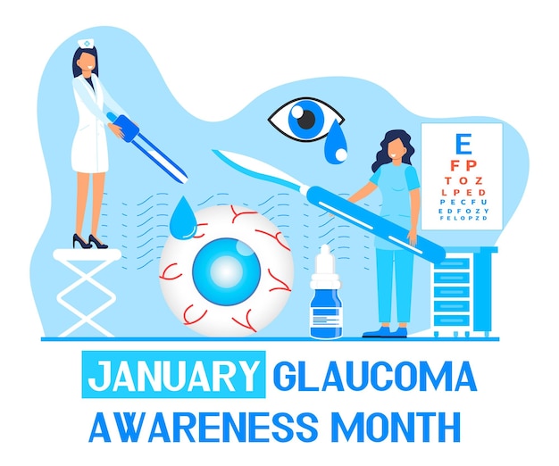 Glaucoma Awareness Month is celebrated in USA in January Lenticular opacity diagnosis Ophthalmologist eyesight check up with tiny people character Optometric healthcare vector