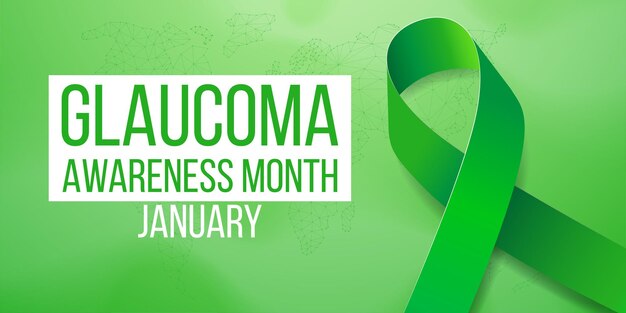 Glaucoom awareness month concept. banner met groen lint bewustzijn en tekst. vector illustratie.