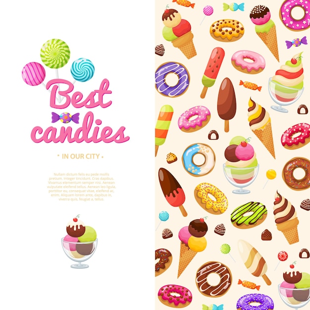 Глазированные пончики мороженое шоколадные сладости леденцы и конфеты фон