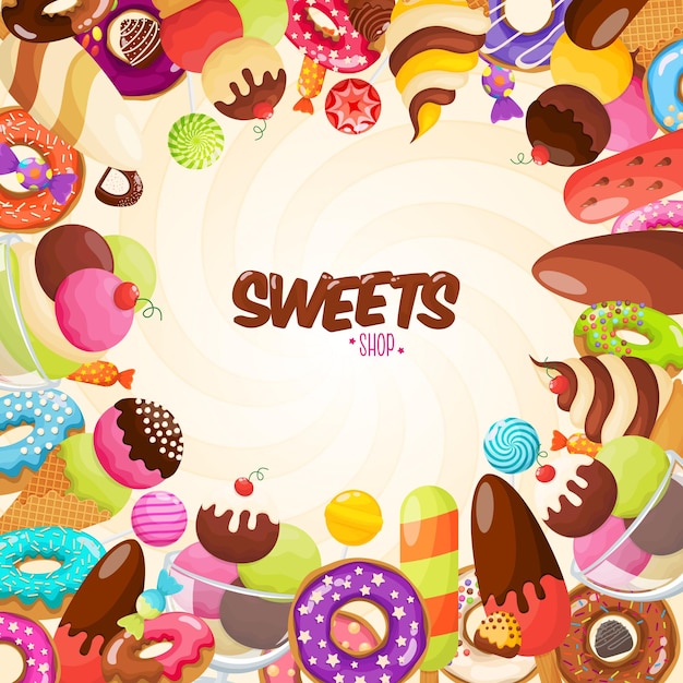 Vector glazed donuts ice cream chocolate sweets lollipops and candies background