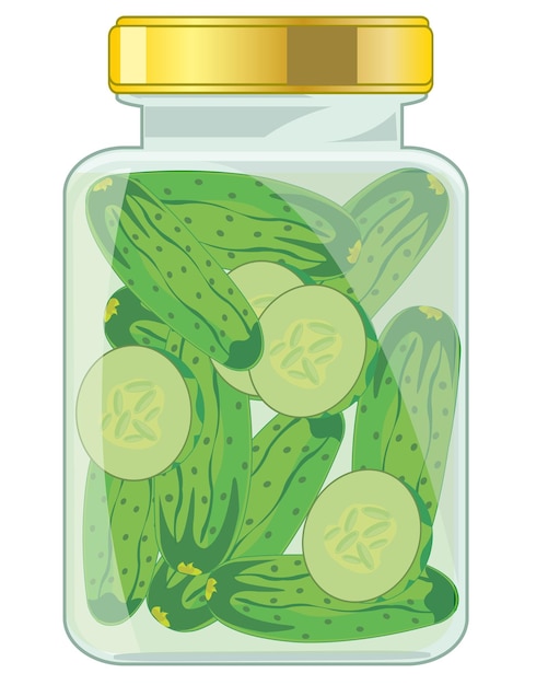 Glazen bank met zoute komkommer op witte achtergrond