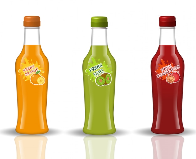 Vector glazen drankfles set. verse sappen, limonade, drankjes in een realistische stijl. voor uw product. op witte achtergrond met reflectie. illustratie.