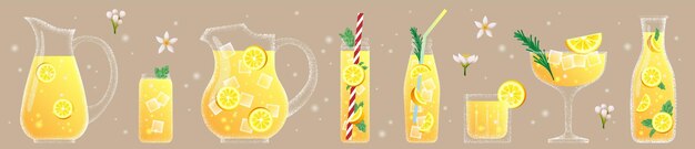 Vector glazen en kannen voor limonade-zomercocktail verfrissend geel citrussap of alcoholdrankje met
