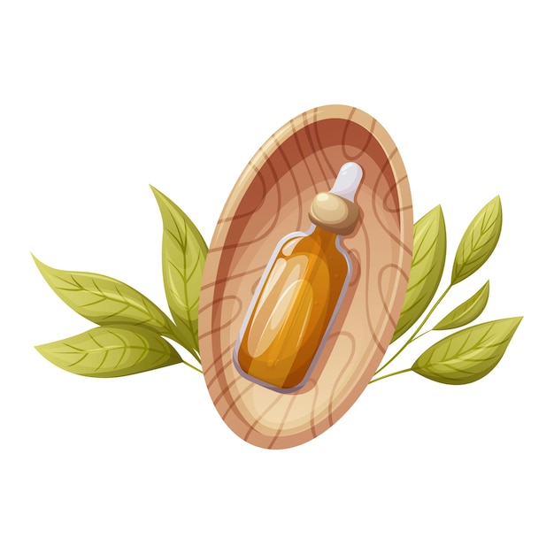 Glazen fles met olieserum in een houten kom omgeven door groene bladeren Gezondheid en schoonheid Bovenaanzicht