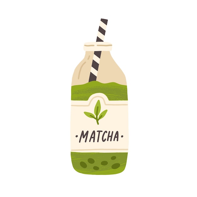Glazen fles vol koude groene matchadrank. Verfrissende Japanse ijsthee of koffie met rietje. Traditionele natuurlijke Aziatische drank. Platte vectorillustratie geïsoleerd op een witte achtergrond.