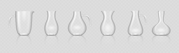 Glazen kannen en kruiken 3D-realistische set Lege kruiken met handvat, kan met schroefdraad en glanzende fles