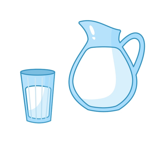 Glazen karaf en gefacetteerd glas met melk Vectorillustratie van gezonde babydrank in cartoon