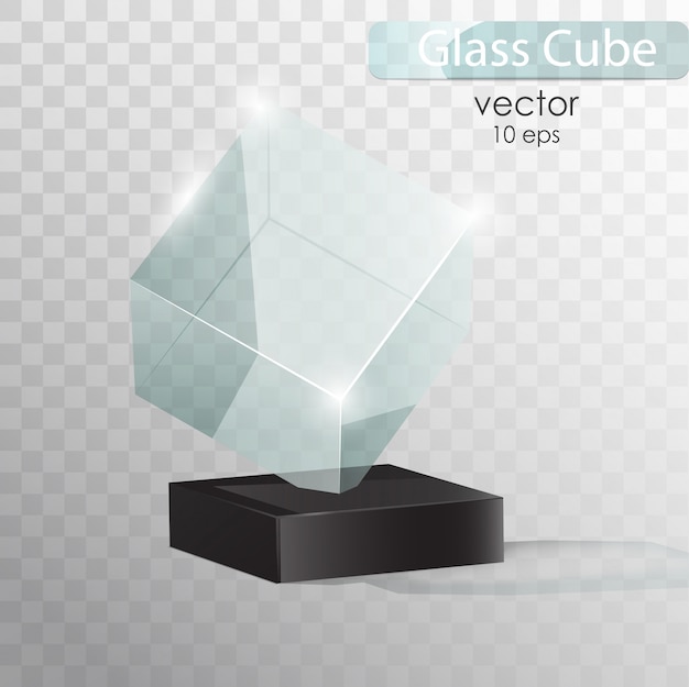 Glazen kubus op standaard. Glass Trophy Award. Presentatie van een nieuw product. Realistisch ontwerp.