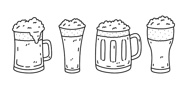 Glazen met bier geïsoleerd op witte achtergrond Alcoholische dranken hand getrokken doodle illustratie