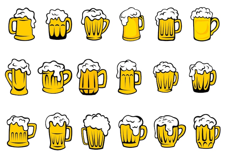 Vector glazen of keramische mokken en kroezen gevuld met gouden licht bier met overlopende schuimkoppen geïsoleerd op een witte achtergrond, voor brouwerij embleem of bier partij ontwerp