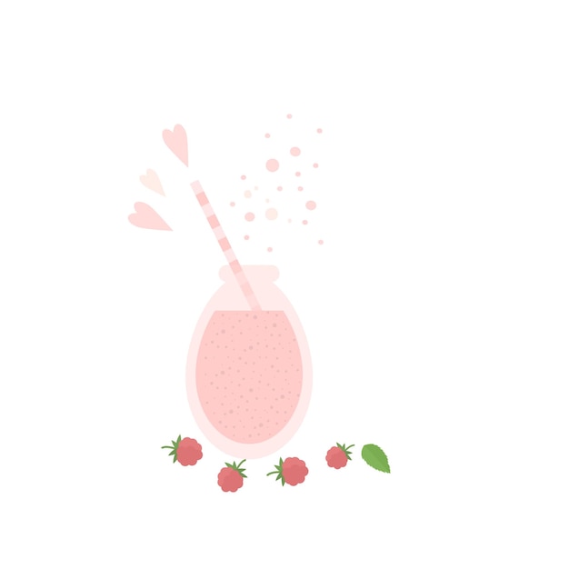 Glazen pot met fruitshake smoothie en frambozen op een tafel vectorillustratie