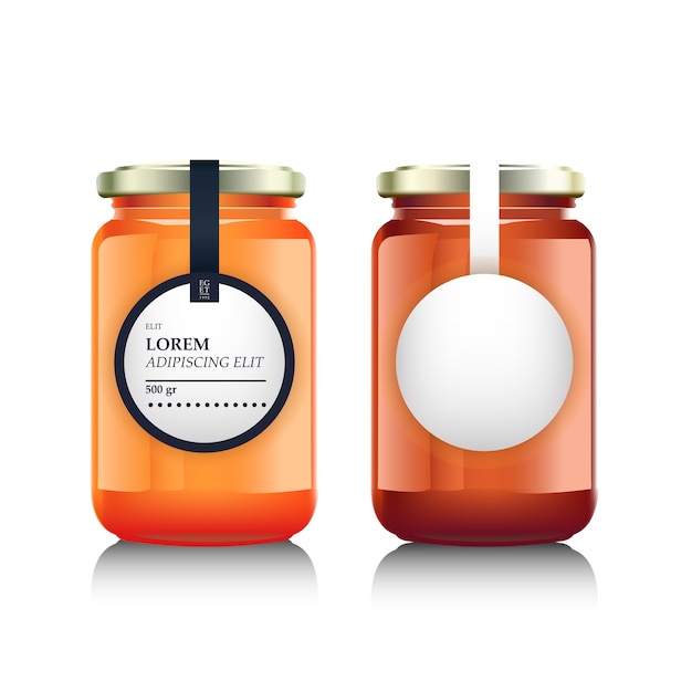 Glazen pot met jam of honing en labelontwerp