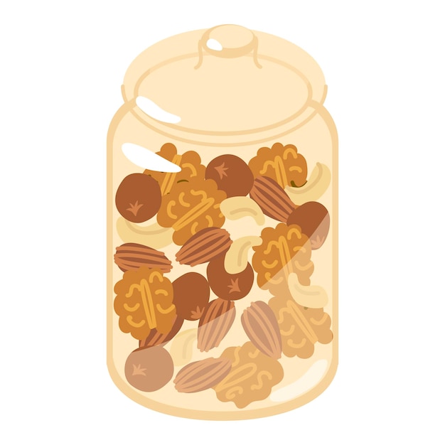 Glazen pot met noten walnoot amandel cashew hazelnoot thuis inblikken voedsel bereiden voor de winter voorraden in de kast vlakke stijl in vector illustratie geïsoleerde element