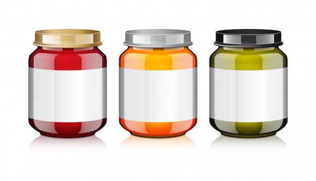 Vector glazen pot set met wit label voor honing, jam, gelei of babyvoeding puree mock-up sjabloon