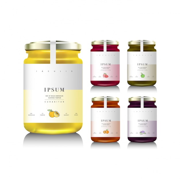 Glazen potten met jam, configureren of honing. illustratie. verpakkingsinzameling. label voor jam. bank realistisch.