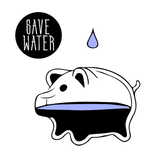 glazen spaarvarken is gevuld met water met een druppel water erop. Het concept van Save water. Tekening.