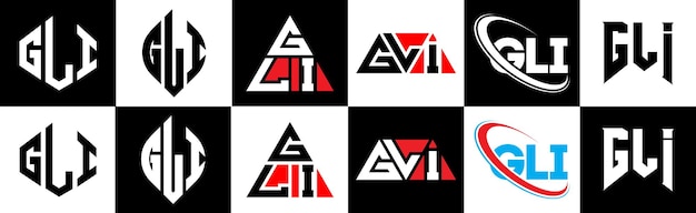 Design del logo della lettera gli in sei stili poligono gli cerchio triangolo esagonale stile piatto e semplice con logo della lettera con variazione di colore in bianco e nero impostato in una tavola da disegno logo gli minimalista e classico