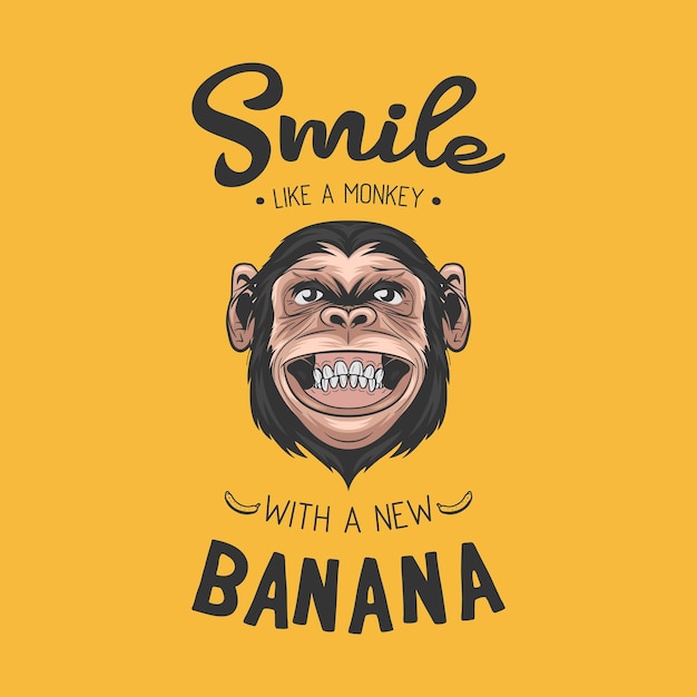 Glimlach als een aap met een nieuwe banaan vector hand getekende lachende chimpansee aap en typografie citaat gekleurde abstracte grappige aap hoofd voor muur kunst tshirt print poster cartoon schattige chimpansee aap