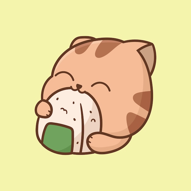 Vector glimlach kat eet onigiri cartoon