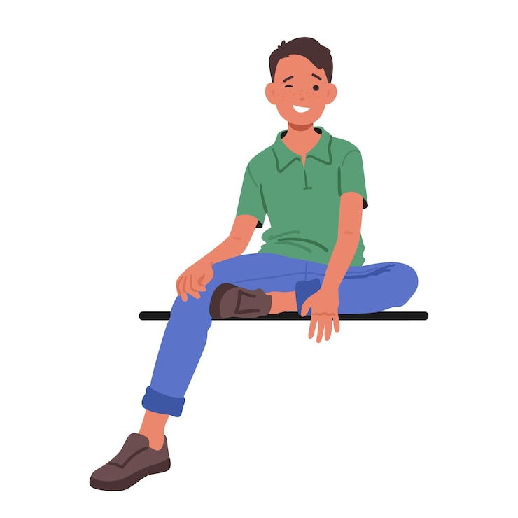 Vector glimlach verheldert het gezicht van een tienerkarakter terwijl hij op een bank of borstwering zit. zijn ontspannen houding en vreugdevolle uitdrukking onthullen een echt geluk in het moment cartoon vectorillustratie