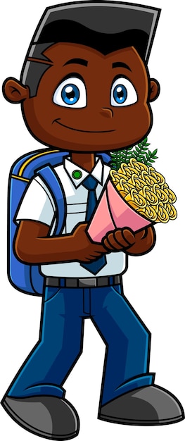 Glimlachend Afro-Amerikaanse jongen stripfiguur gaat naar school met een boeket bloemen