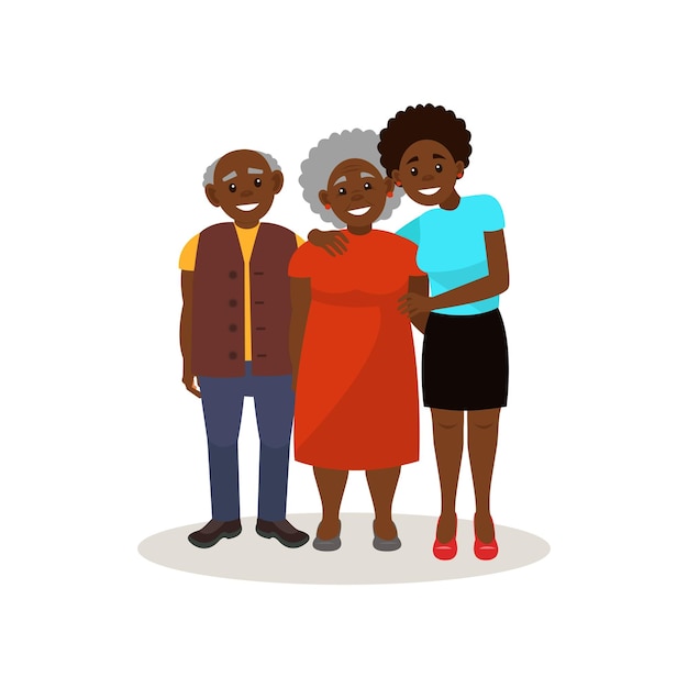 Glimlachend Afro-Amerikaanse zwarte bejaarde echtpaar en hun volwassen dochter poseren samen gelukkige familie concept vector illustratie op een witte background