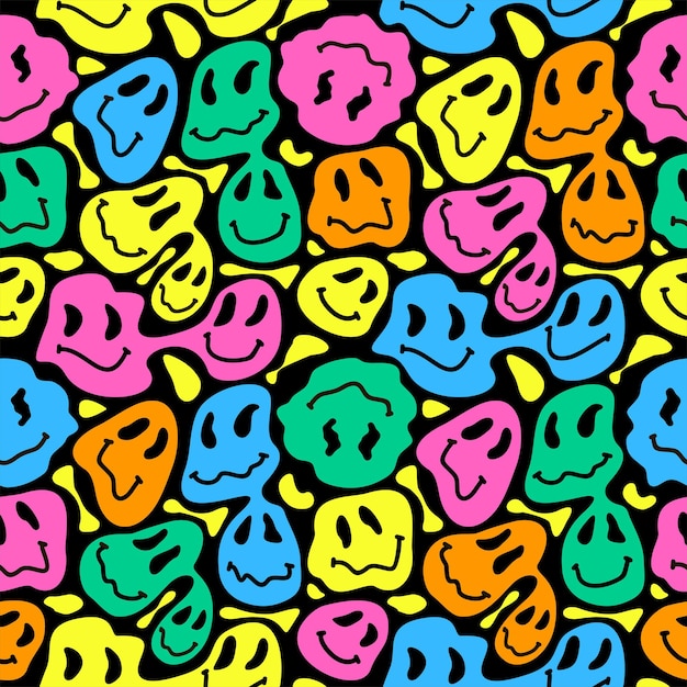 Glimlachend gezicht naadloos patroon grappig smelend glimlachend gelukkig gezicht kleurrijk cartoon naadloos patroon retro psychedelisch effect glimlach trendy character doodle smile emoticons