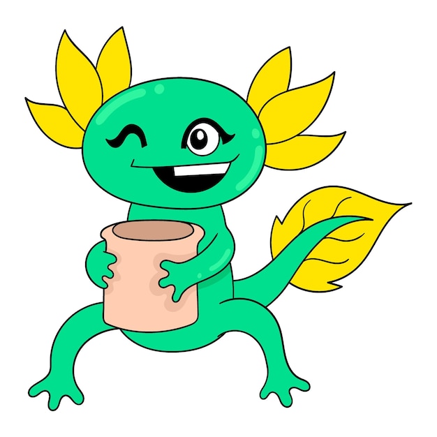 Glimlachend groen monster met een drankje doodle pictogram afbeelding kawaii