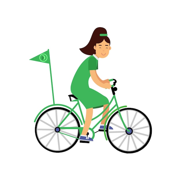 Glimlachend jong meisje karakter in groene jurk fietsen met vlag. Bijdragen aan het behoud van het milieu. Ecologische levensstijl, ecologie, milieuconcept. Platte vector geïsoleerd op wit.