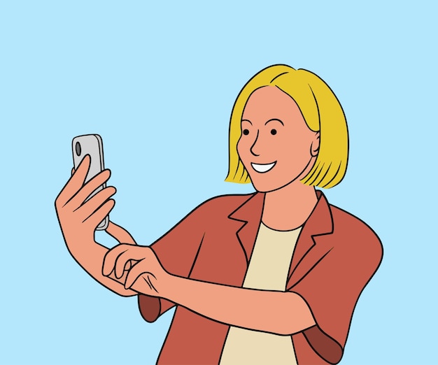 Glimlachend meisje dat selfie neemt met behulp van smartphone-illustratie