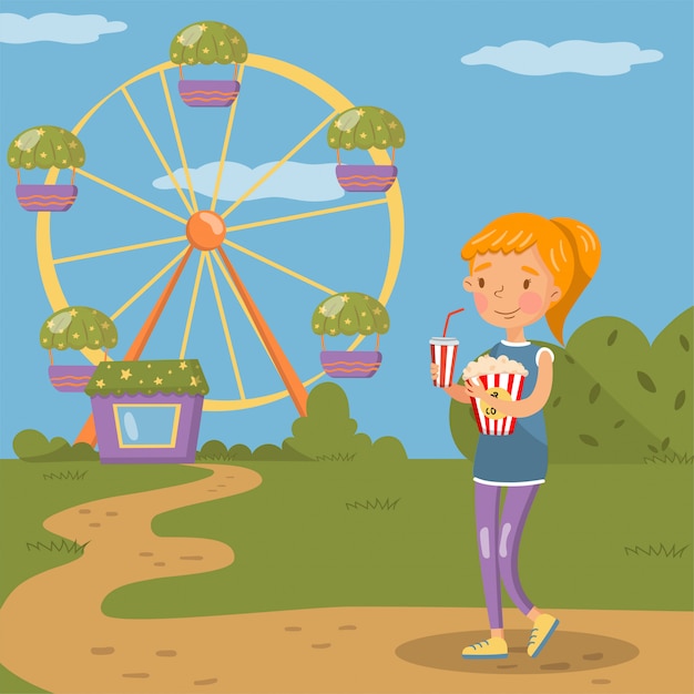 Vector glimlachend meisje die zich met popcorn en plastic kop van sodadrank bevinden voor reuzenrad in pretpark, kleurrijke illustratie