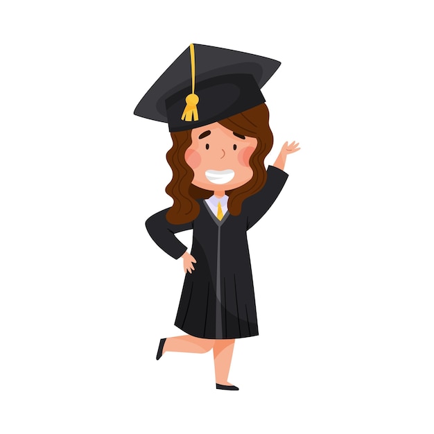 Glimlachend meisje in academische jurk en vierkant petje verheugd met afstudeerceremonie vector illustratie