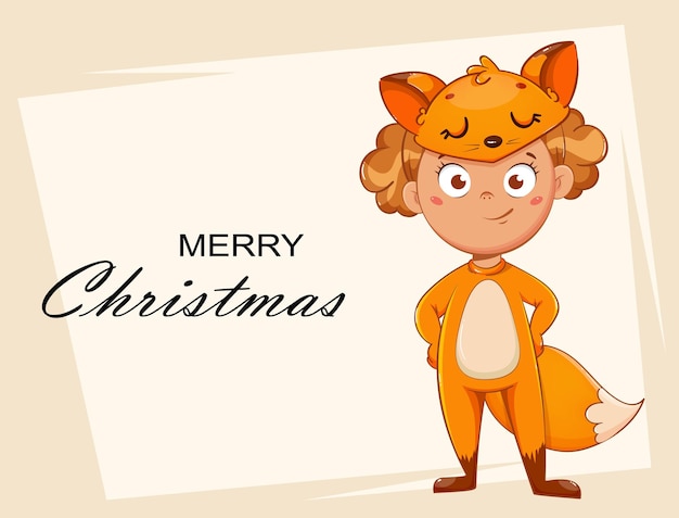 Glimlachend meisje in kostuum van vos. kind in kerst carnaval kostuum, schattig stripfiguur. voorraad vectorillustratie