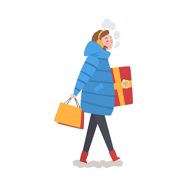 Glimlachend meisje in winterkleding Wandelen met geschenkdoos en boodschappenzak Meisje Kerstinkopen doen om zich voor te bereiden op Kerstmis en geschenken te geven feestelijke stemming Vector illustratie