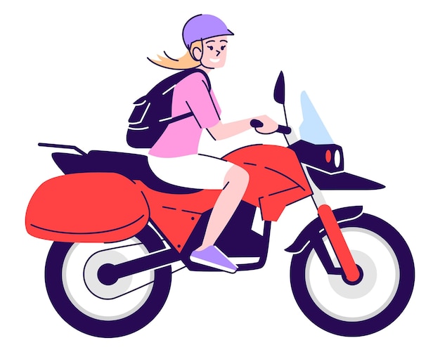 Glimlachend meisje rijden motorfiets semi platte rgb kleur vectorillustratie. zittend figuur. actieve levensstijl. persoon die verhuurservice gebruikt voor het reizen van een geïsoleerd stripfiguur op een witte achtergrond