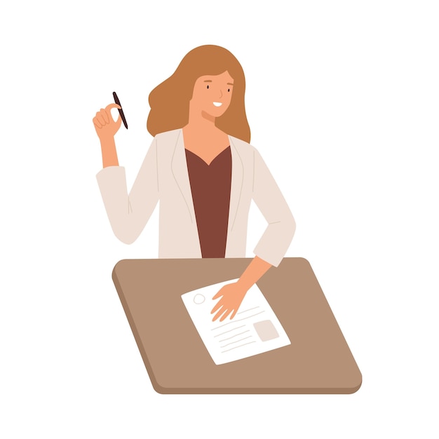 Glimlachend meisje schrijven test met papier en pen zit aan Bureau platte vectorillustratie. Gelukkige vrouw vertegenwoordiging van CV geïsoleerd op een witte achtergrond. Vrolijke recruiter vrouwelijke recensie cv sollicitant.