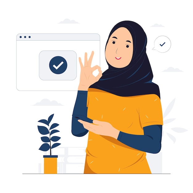 Vector glimlachend moslimmeisje met mobiele telefoon die hijab draagt en staat terwijl ze een positief gebaar toont met een positief gebaar ok teken en gebaar taalconcept illustratie