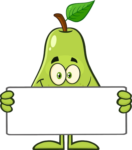 Glimlachend perenfruit met groen blad Cartoon mascotte karakter met een leeg bord