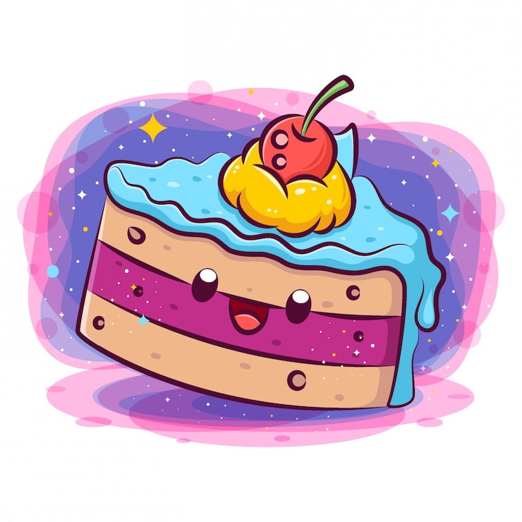 Vector glimlachend schattig kawaii cartoon van cake karakter