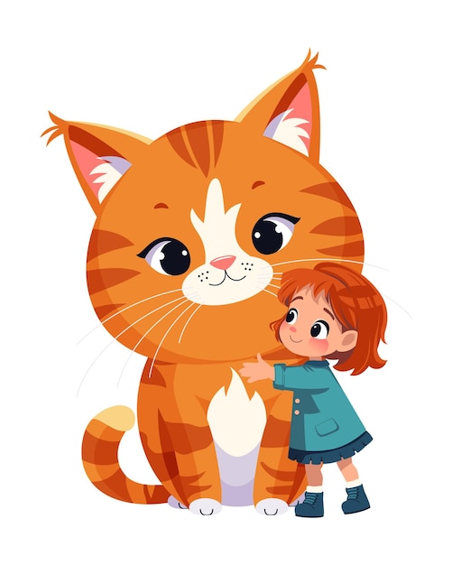 Vector glimlachend schattig meisje kind knuffelen gelukkig grote roodharige tabby kat platte vector geïsoleerde illustratie