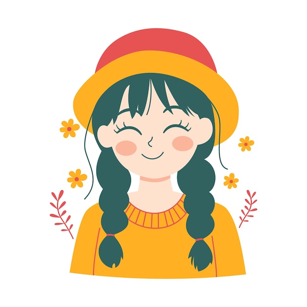 Glimlachend schattig mooi meisje cartoon personage met hoed en warme kleren met bloemen decoratie